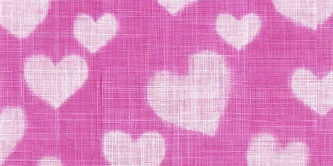 Repeating pattern of fuzzy white hearts overlaid on a textured magenta fabric background