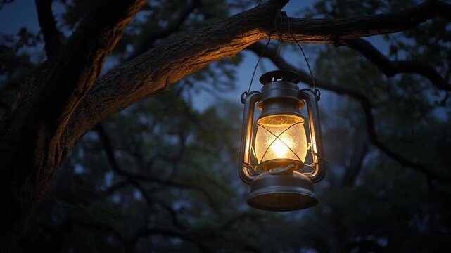 A lantern hanging from a tree branch, illuminating the darkness with a warm glow. The scene evokes a sense of tranquility and mystery