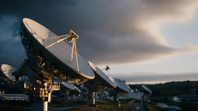 Detailed close-up of satellite antenna dishes and sensors, illustrating data transmission, Earth observation, and aerospace innovation. cinematic color correction, natural uneven lighting yet
