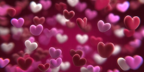 Three dimensional heart shapes float across a deep magenta background with shallow depth of field
