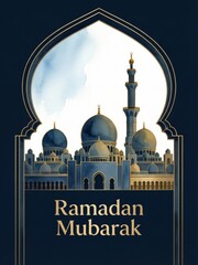 Ramadan mubarak greeting card with elegant mosque illustration in watercolor style