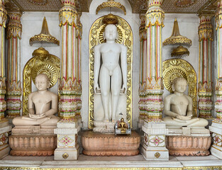 Karauli, Rajasthan (India): August 18, 2025 - Stone statues of Jain god at Mahaveerji Jain temple (Karauli, Rajasthan)