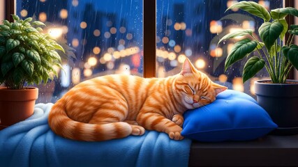Ginger tabby cat sleeping on blue cushion by rainy window, showing city bokeh lights and two potted plants, concept for pet lifestyle, cozy evening themes and home relaxation