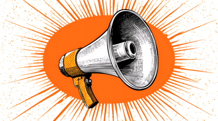 Vintage megaphone on orange background with rays isolated on transparent background