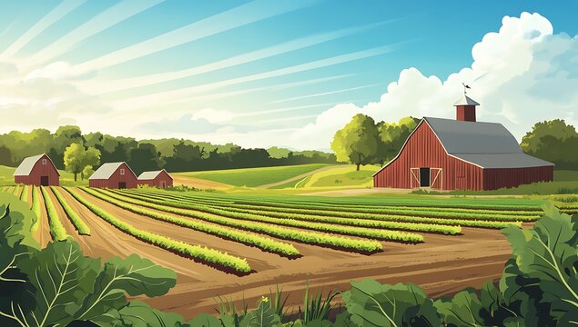 A sunny farm landscape with red barns and rows of green vegetable crops under a blue sky green fields