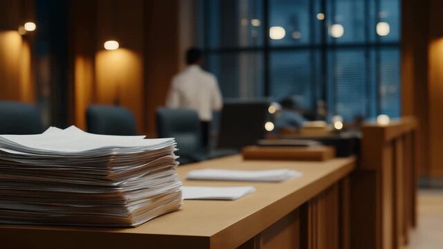 A courtroom bench after hours with papers neatly stacked and lights dimmed, symbolizing the ongoing responsibility and unseen work behind judicial rulings. cinematic color correction, natural