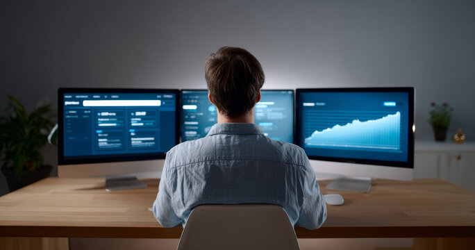 Man working at desk with three computer monitors displaying data analytics and graphs in a modern environment - Powered by Adobe