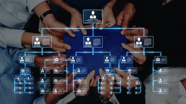 A diverse team collaboratively working on a puzzle, symbolizing business connections and organizational structure in a digital environment, demonstrating unity and teamwork. Raster