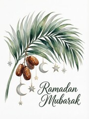 Ramadan mubarak greeting with watercolor palm leaf, dates, and festive crescent moon and star decorations