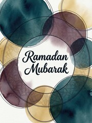 Ramadan mubarak greeting card with abstract watercolor circles and islamic patterns
