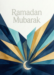 Ramadan mubarak geometric watercolor design with a luminous crescent moon