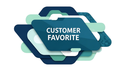 Customer favorite badge with overlapping blue and green shapes isolated on a transparent background