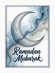 Ramadan mubarak crescent moon with elegant blue and grey ink swirl background