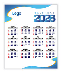 2026 Annual Calendar with Blue Wavy Design