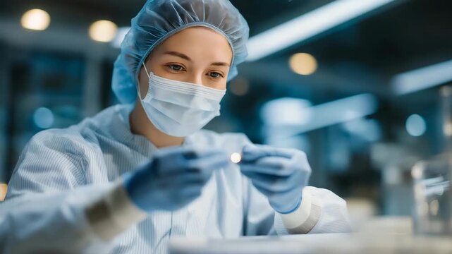 A pharmaceutical technician compounding sterile medication beneath a laminar airflow hood, smooth directional air protecting samples from contamination in a regulated cleanroom environment.