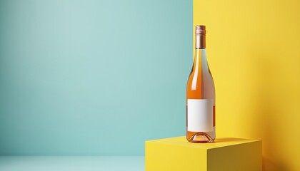 Stylish rose wine bottle stands on bold yellow cube. Clean white label ready for branding. Background modern design with light blue, bright yellow blocks. Minimalist product shot provides plenty of