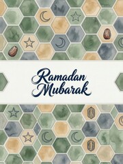 Ramadan mubarak greeting card with watercolor hexagonal mosaic pattern and islamic symbols