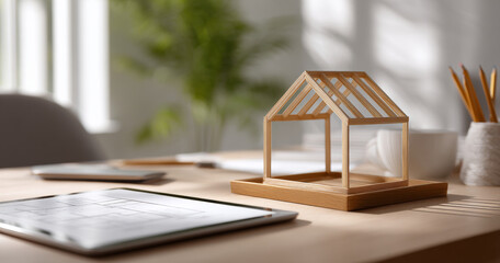 Minimalist wooden house model on desk with architectural plans and supplies in bright modern workspace
