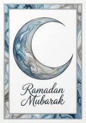 Elegant ramadan mubarak greeting card design featuring a watercolor crescent moon and marbled border