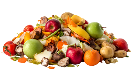 A large pile of rotting fruit and vegetable food waste on a transparent background