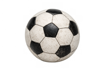 Worn soccer football ball with black and white pentagon pattern, ready for sports, game, or team play
