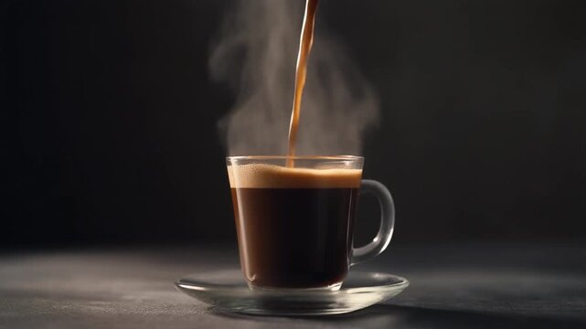 4K cinematic slow motion video of hot coffee being poured into a clear glass cup, visible steam rising, dark moody background, soft side lighting, seamless loop, no logo