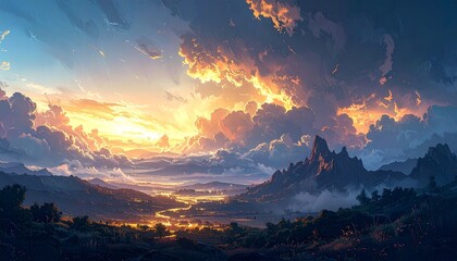 Golden hour illuminates rolling hills and distant mountains under a dramatic, fiery sky, creating a tranquil vista