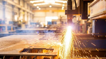 Industrial metal cutting process using high temperature plasma torch in large manufacturing workshop