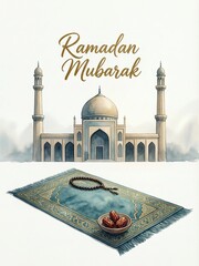 Ramadan mubarak greeting with a mosque, prayer mat, and dates in watercolor style