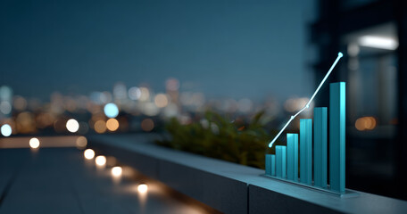 3D rendered blue bar graph with upward trend line on outdoor ledge at night with blurred city lights background