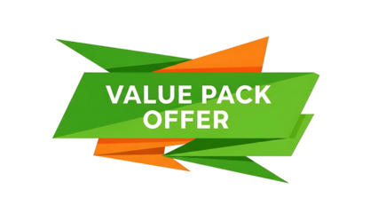Green and orange banners with value pack offer text isolated on a transparent background