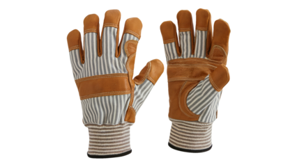 A pair of protective work gloves with leather palm and finger pads on striped fabric background for industrial use and safety with hand isolated on white or transparent PNG
