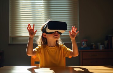 Young girl explores virtual reality game indoors. Child wears VR headset, raises hands, interacts with digital world. Kid enjoys simulated experience at home, fun with modern tech education,
