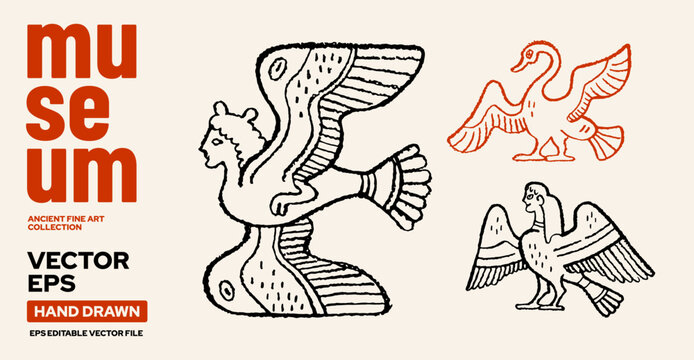 Siren Greek bird. Siren, duck, goose and harpy set. Ancient Greek or Roman mythology woman and bird. Vase painting and statue from Greece. Museum doodle icon. Vector Ancient Mediterranean art bg
