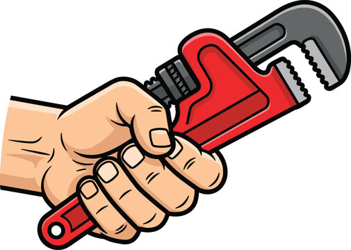 Red pipe wrench icon with serrated jaw and adjustable mechanism held in hand