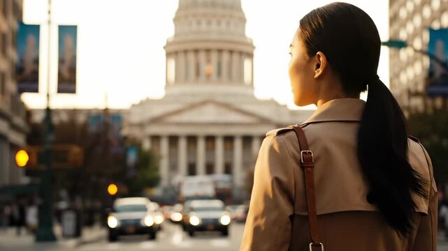 Woman views capitol building from city street at sunset. Tourist with backpack looks at capitol dome. Woman stands watching government building. Capitol architecture draws tourist attention at dusk.