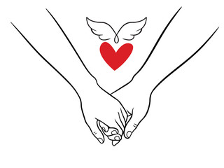 Couple Holding Hands with Heart and Angel Wings Line Art Illustration