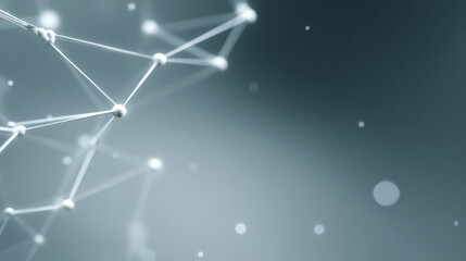 Abstract scientific network structure with interconnected nodes and lines on a soft blue gradient background representing technology and communication