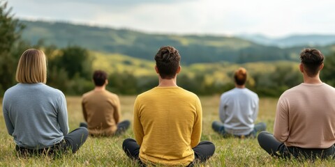 A serene group of individuals meditating outdoors, surrounded by lush greenery and rolling hills under a cloudy sky.