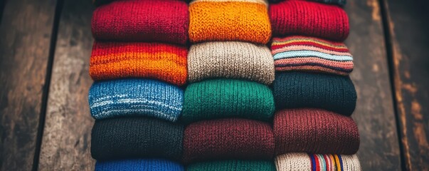 A vibrant stack of knitted sweaters in various colors, neatly arranged, showcasing a cozy and warm aesthetic on a rustic wooden surface.