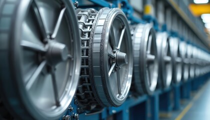Fototapeta premium Close up photo shows turbine rotors in production line at tech factory. Metal machine parts at industrial plant. Technical process, engineering innovation, manufacturing concept.