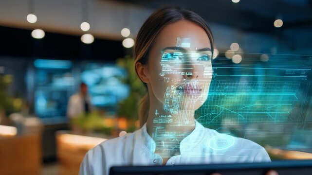Professional woman interacts with holographic digital display, symbolizing advanced technology, innovation in contemporary workspace. Scene highlights leadership, future oriented thinking