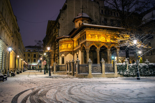 Snowfall at Stavropoleos Monastery, Historic Old Town Bucharest at Night