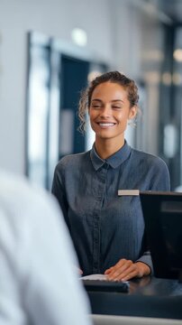 Confident receptionist in uniform greets a client at the reception counter, embodying warmth and professionalism. Bright atmosphere highlights quality guest experience and attentive service