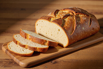 Rustic ciabatta bread, hand-cut on a wooden cutting board, is hand-baked.