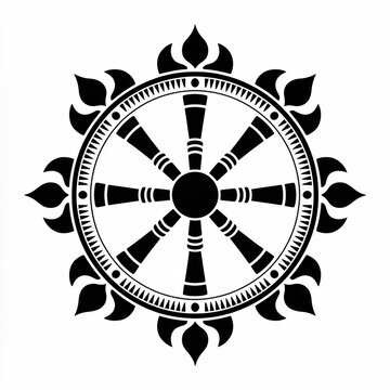 Intricate black dharmachakra symbol on white background