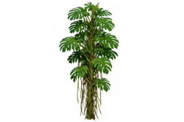 Monstera deliciosa climbing plant with green foliage and intertwined aerial roots on transparent background