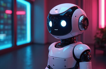 Cute friendly robot with glowing blue eyes and a smiling face stands in a futuristic room with neon lights. This AI assistant is ready for conversation and task automation.