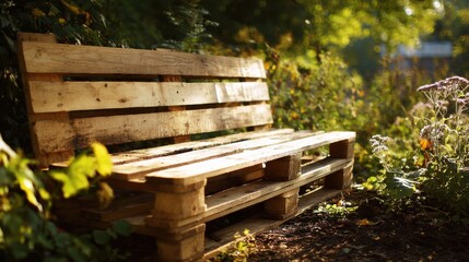 Naklejka premium Wooden pallet bench creating rustic garden seating outdoors
