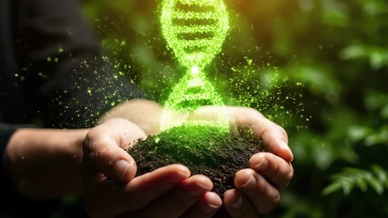 Hands cupping soil with a glowing green DNA helix rising, symbolizing bio technology and organic growth, concept for biotechnology innovation, genetic engineering research and sustainable agriculture - Powered by Adobe